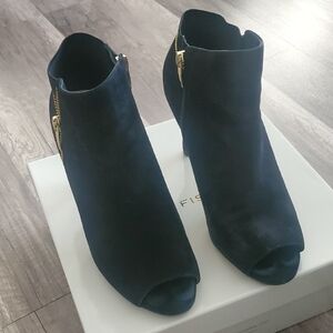 Black Open Toe Ankle Booties with Gold Zipper